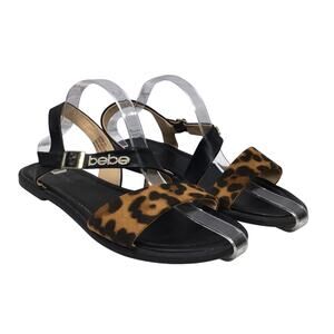 Bebe Leyra Chita Animal Print Rhinestone Ankle Strap Buckle Flat Sandal Size 8.5